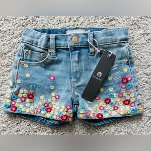 Tractr Denim Blue Floral Embroidered Kids Shorts